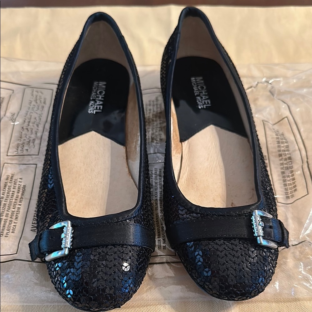 Michael Kors Black Sparkly Flats with Buckle Detail